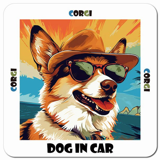 Dog in car 海 麦わら帽子 サングラス Corgi コーギー車用 マグネット 13x13cm 正方形 カーマグネット 表示プレート