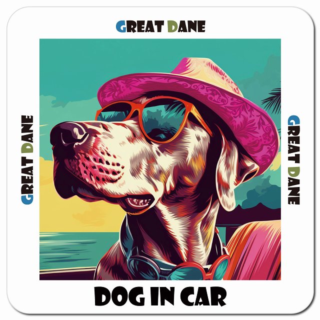 Dog in car 海 麦わら帽子 サングラス Great Dane グレートデーン車用 マグネット 13x13cm 正方形 カーマグネット 表示プレート