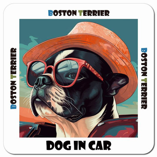 Dog in car 海 麦わら帽子 サングラス Boston Terrier ボストンテリア車用 マグネット 13x13cm 正方形 カーマグネット 表示プレート