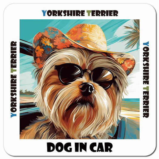 Dog in car 海 麦わら帽子 サングラス Yorkshire Terrier ヨークシャテリア車用 マグネット 13x13cm 正方形 カーマグネット 表示プレート
