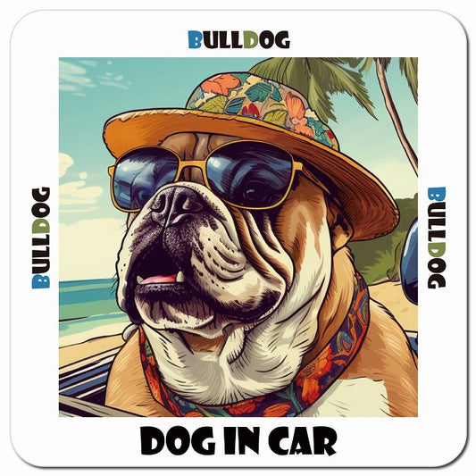 Dog in car 海 麦わら帽子 サングラス Bulldog ブルドッグ車用 マグネット 13x13cm 正方形 カーマグネット 表示プレート