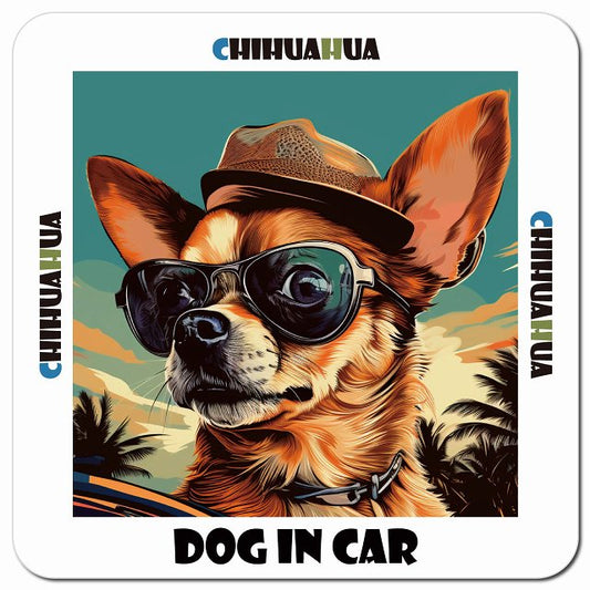 Dog in car 海 麦わら帽子 サングラス Chihuahua チワワ車用 マグネット 13x13cm 正方形 カーマグネット 表示プレート
