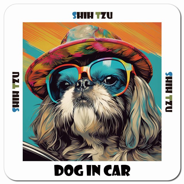 Dog in car 海 麦わら帽子 サングラス Shih Tzu シーズー車用 マグネット 13x13cm 正方形 カーマグネット 表示プレート