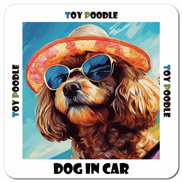 Dog in car 海 麦わら帽子 サングラス Toy Poodle トイプードル車用 マグネット 13x13cm 正方形 カーマグネット 表示プレート