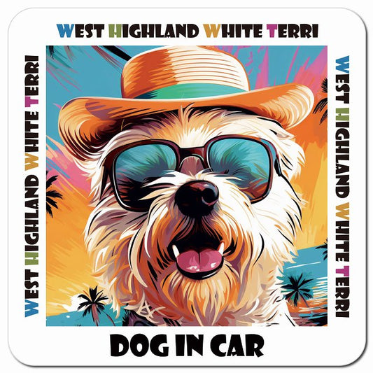 Dog in car 海 麦わら帽子 サングラス West Highland White Terrier ウエストハイランドホワイトテリア車用 マグネット 13x13cm 正方形 カーマグネット 表示プレート