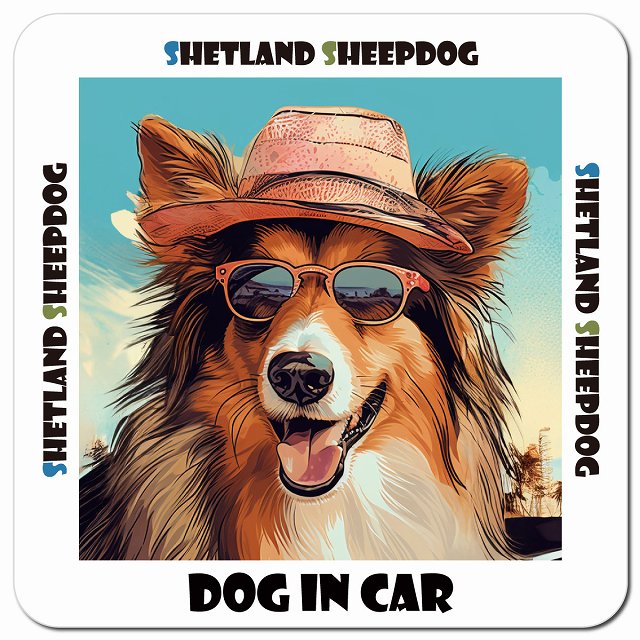 Dog in car 海 麦わら帽子 サングラス Shetland Sheepdog シェットランドシープドッグ車用 マグネット 13x13cm 正方形 カーマグネット 表示プレート
