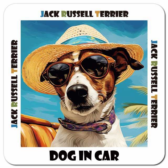 Dog in car 海 麦わら帽子 サングラス Jack Russell Terrier ジャックラッセルテリア車用 マグネット 13x13cm 正方形 カーマグネット 表示プレート