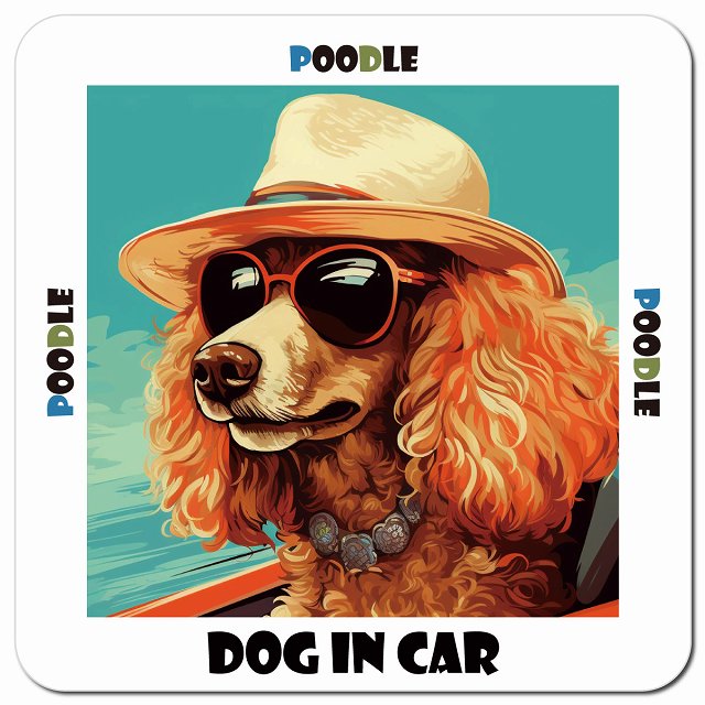 Dog in car 海 麦わら帽子 サングラス Poodle プードル車用 マグネット 13x13cm 正方形 カーマグネット 表示プレート