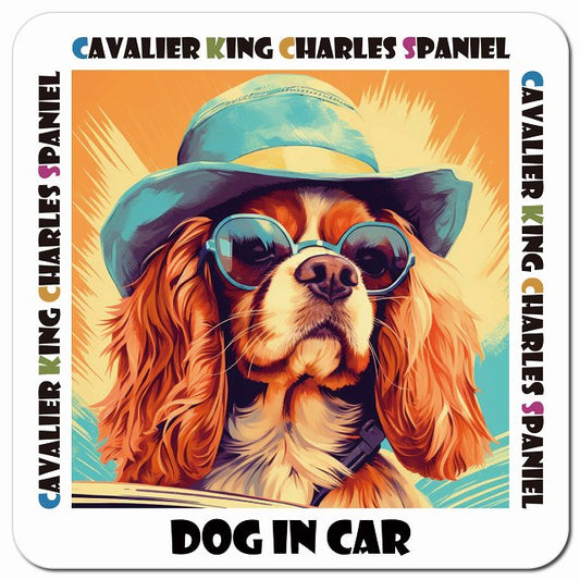 Dog in car 海 麦わら帽子 サングラス Cavalier King Charles Spaniel キャバリアキングチャールズスパニエル車用 マグネット 13x13cm 正方形 カーマグネット 表示プレート