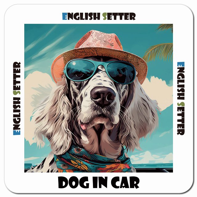 Dog in car 海 麦わら帽子 サングラス English Setter イングリッシュセッター車用 マグネット 13x13cm 正方形 カーマグネット 表示プレート