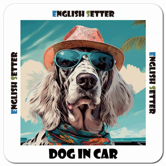 Dog in car 海 麦わら帽子 サングラス English Setter イングリッシュセッター車用 マグネット 13x13cm 正方形 カーマグネット 表示プレート