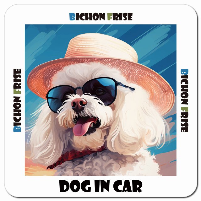 Dog in car 海 麦わら帽子 サングラス Bichon Frise ビションフリーゼ車用 マグネット 13x13cm 正方形 カーマグネット 表示プレート