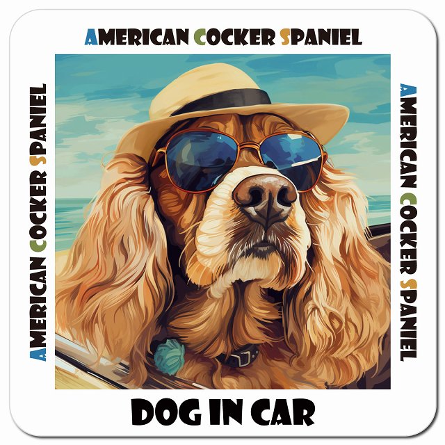 Dog in car 海 麦わら帽子 サングラス American Cocker Spaniel アメリカンコッカースパニエル車用 マグネット 13x13cm 正方形 カーマグネット 表示プレート
