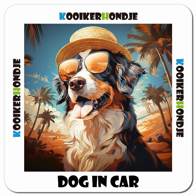 Dog in car 海 麦わら帽子 サングラス Kooikerhondje コーイケルホーンディエ車用 マグネット 13x13cm 正方形 カーマグネット 表示プレート