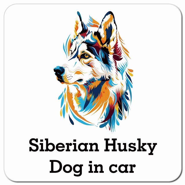Dog in car Siberian Husky シベリアンハスキー Eタイプ ポップアート風 車用 マグネット 13x13cm 正方形 カーマグネット 表示プレート