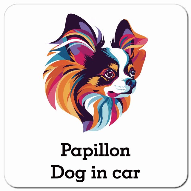 Dog in car Papillon パピヨン Dタイプ ポップアート風 車用 マグネット 13x13cm 正方形 カーマグネット 表示プレート