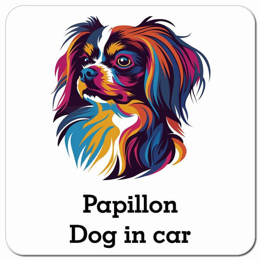 Dog in car Papillon パピヨン Eタイプ ポップアート風 車用 マグネット 13x13cm 正方形 カーマグネット 表示プレート