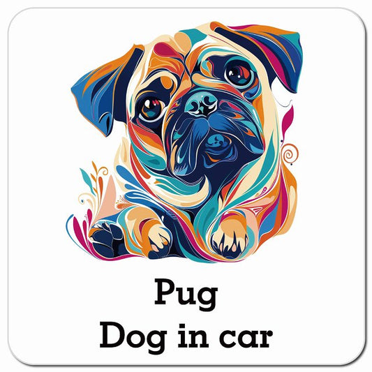 Dog in car Pug パグ Dタイプ ポップアート風 車用 マグネット 13x13cm 正方形 カーマグネット 表示プレート