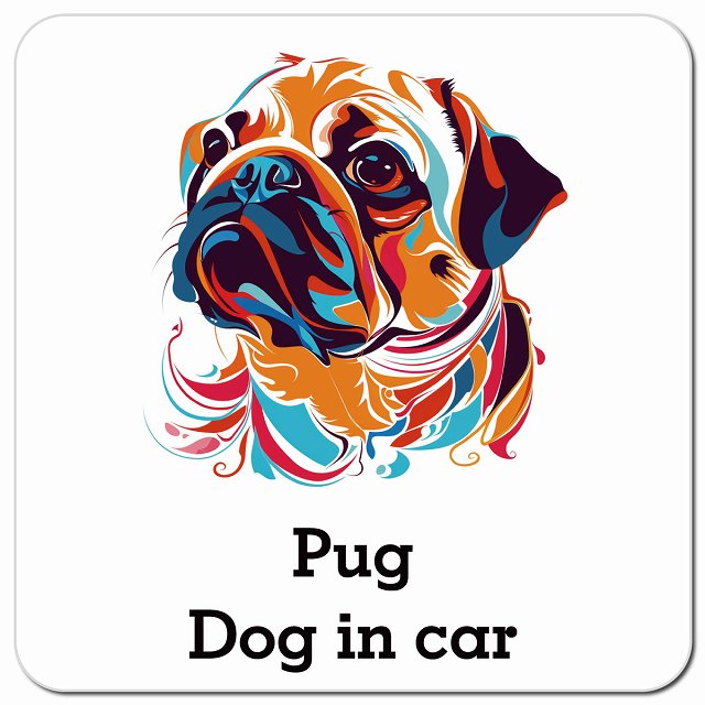 Dog in car Pug パグ Eタイプ ポップアート風 車用 マグネット 13x13cm 正方形 カーマグネット 表示プレート