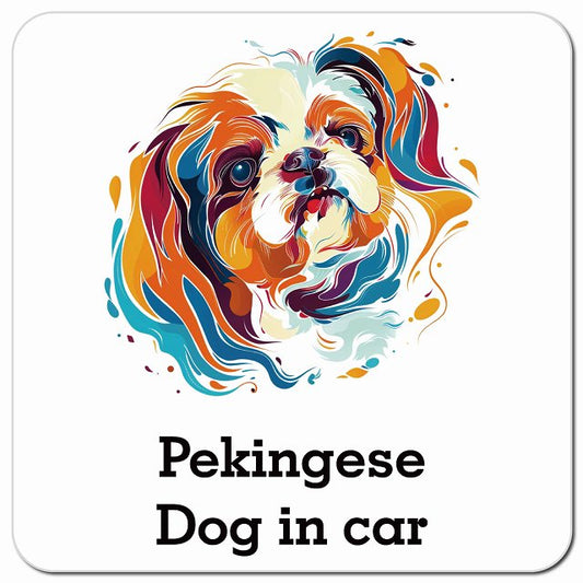 Dog in car Pekingese ペキニーズ Dタイプ ポップアート風 車用 マグネット 13x13cm 正方形 カーマグネット 表示プレート