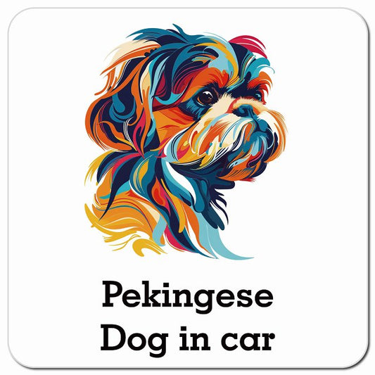 Dog in car Pekingese ペキニーズ Eタイプ ポップアート風 車用 マグネット 13x13cm 正方形 カーマグネット 表示プレート