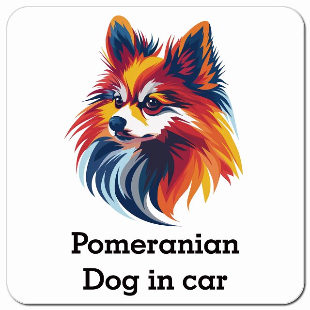 Dog in car Pomeranian ポメラニアン Dタイプ ポップアート風 車用 マグネット 13x13cm 正方形 カーマグネット 表示プレート