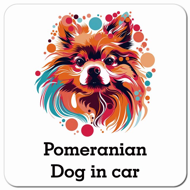 Dog in car Pomeranian ポメラニアン Eタイプ ポップアート風 車用 マグネット 13x13cm 正方形 カーマグネット 表示プレート