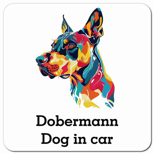 Dog in car Doberman ドーベルマン Eタイプ ポップアート風 車用 マグネット 13x13cm 正方形 カーマグネット 表示プレート