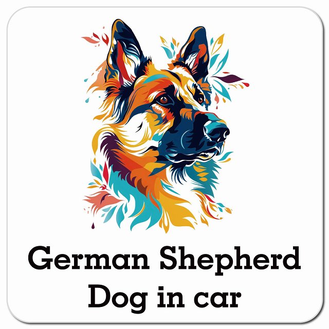 Dog in car German Shepherd ジャーマンシェパード Dタイプ ポップアート風 車用 マグネット 13x13cm 正方形 カーマグネット 表示プレート