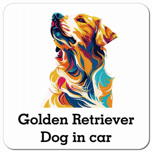 Dog in car Golden Retriever ゴールデンレトリバー Eタイプ ポップアート風 車用 マグネット 13x13cm 正方形 カーマグネット 表示プレート
