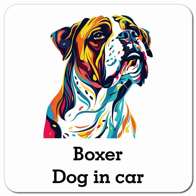 Dog in car Boxer ボクサー Dタイプ ポップアート風 車用 マグネット 13x13cm 正方形 カーマグネット 表示プレート