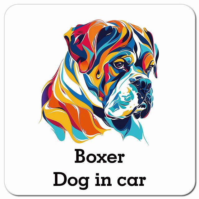 Dog in car Boxer ボクサー Eタイプ ポップアート風 車用 マグネット 13x13cm 正方形 カーマグネット 表示プレート