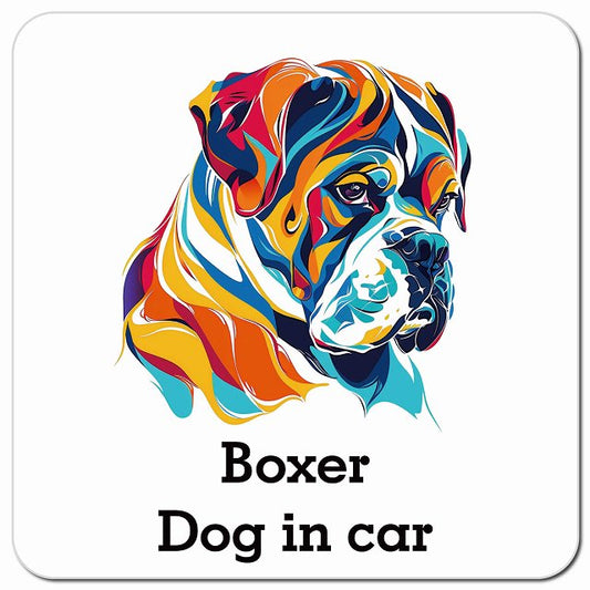 Dog in car Boxer ボクサー Eタイプ ポップアート風 車用 マグネット 13x13cm 正方形 カーマグネット 表示プレート