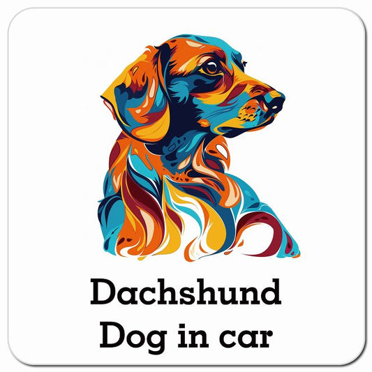 Dog in car Dachshund ダックスフント Dタイプ ポップアート風 車用 マグネット 13x13cm 正方形 カーマグネット 表示プレート