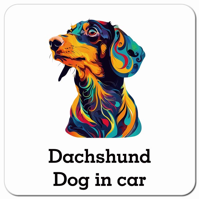 Dog in car Dachshund ダックスフント Eタイプ ポップアート風 車用 マグネット 13x13cm 正方形 カーマグネット 表示プレート