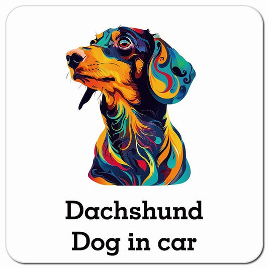 Dog in car Dachshund ダックスフント Eタイプ ポップアート風 車用 マグネット 13x13cm 正方形 カーマグネット 表示プレート
