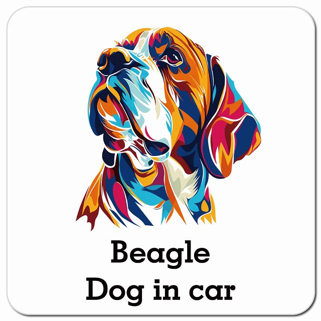 Dog in car Beagle ビーグル Dタイプ ポップアート風 車用 マグネット 13x13cm 正方形 カーマグネット 表示プレート