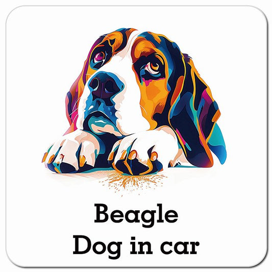 Dog in car Beagle ビーグル Eタイプ ポップアート風 車用 マグネット 13x13cm 正方形 カーマグネット 表示プレート