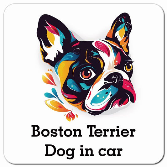Dog in car Boston Terrier ボストンテリア Dタイプ ポップアート風 車用 マグネット 13x13cm 正方形 カーマグネット 表示プレート