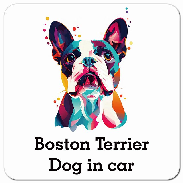 Dog in car Boston Terrier ボストンテリア Eタイプ ポップアート風 車用 マグネット 13x13cm 正方形 カーマグネット 表示プレート
