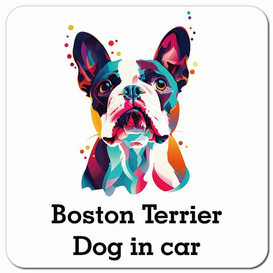 Dog in car Boston Terrier ボストンテリア Eタイプ ポップアート風 車用 マグネット 13x13cm 正方形 カーマグネット 表示プレート