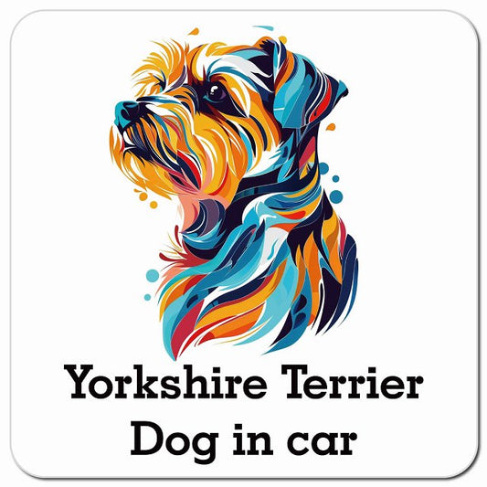 Dog in car Yorkshire Terrier ヨークシャテリア Eタイプ ポップアート風 車用 マグネット 13x13cm 正方形 カーマグネット 表示プレート