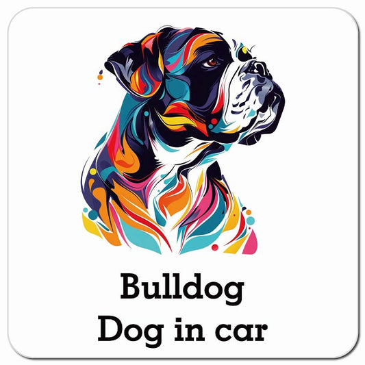 Dog in car Bulldog ブルドッグ Dタイプ ポップアート風 車用 マグネット 13x13cm 正方形 カーマグネット 表示プレート