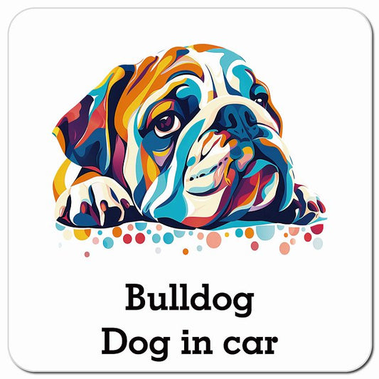 Dog in car Bulldog ブルドッグ Eタイプ ポップアート風 車用 マグネット 13x13cm 正方形 カーマグネット 表示プレート