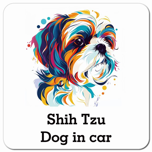 Dog in car Shih Tzu シーズー Eタイプ ポップアート風 車用 マグネット 13x13cm 正方形 カーマグネット 表示プレート