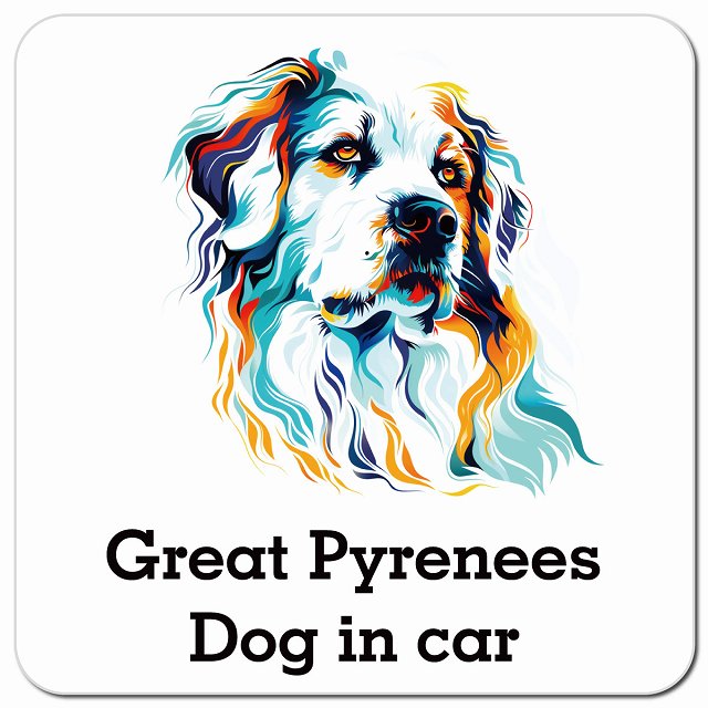Dog in car Great Pyrenees グレートピレニーズ Dタイプ ポップアート風 車用 マグネット 13x13cm 正方形 カーマグネット 表示プレート
