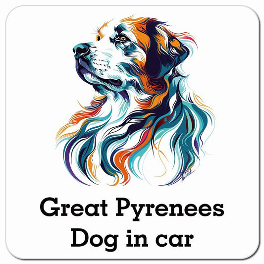 Dog in car Great Pyrenees グレートピレニーズ Eタイプ ポップアート風 車用 マグネット 13x13cm 正方形 カーマグネット 表示プレート