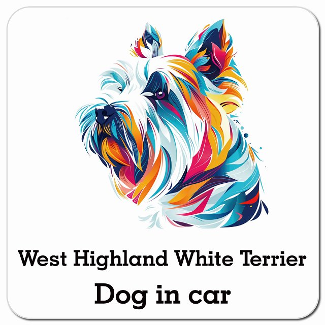 Dog in car West Highland White Terrier ウエストハイランドホワイトテリア Dタイプ ポップアート風 車用 マグネット 13x13cm 正方形 カーマグネット 表示プレート
