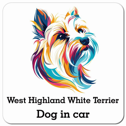 Dog in car West Highland White Terrier ウエストハイランドホワイトテリア Eタイプ ポップアート風 車用 マグネット 13x13cm 正方形 カーマグネット 表示プレート