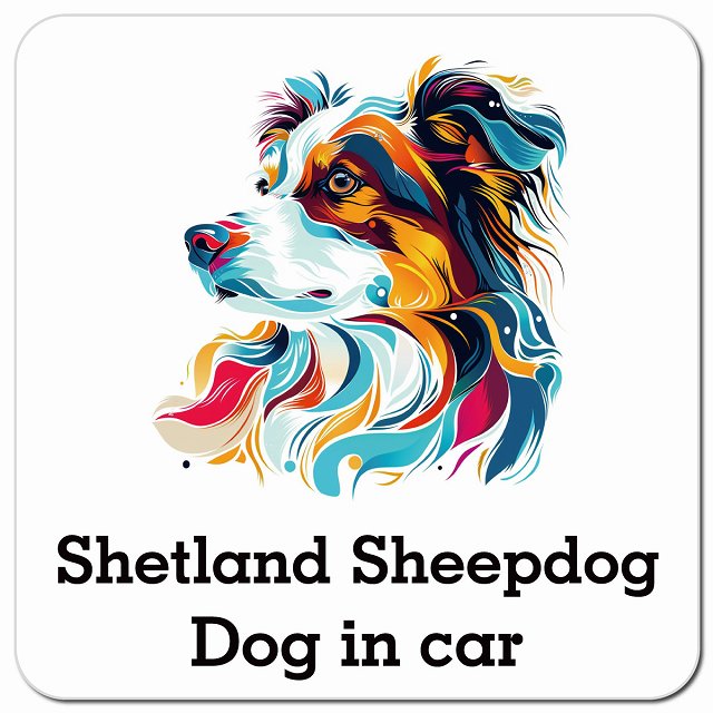 Dog in car Shetland Sheepdog シェットランドシープドッグ Dタイプ ポップアート風 車用 マグネット 13x13cm 正方形 カーマグネット 表示プレート
